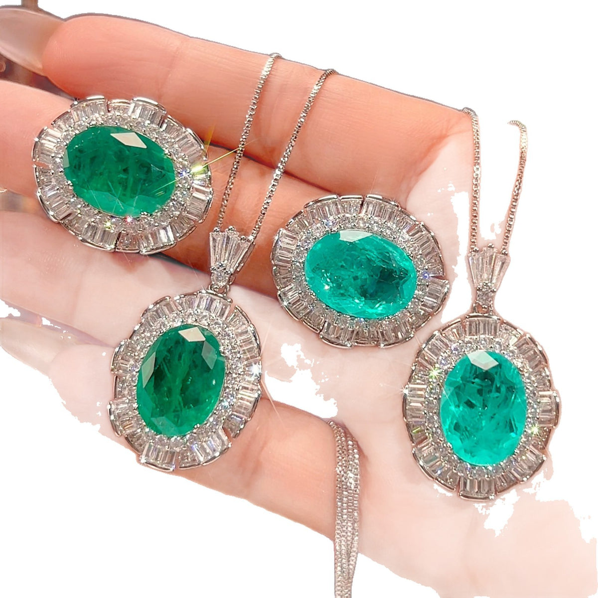 Simulated Emerald Paraiba Jewelry Set Copper-Based Light Luxury Women&