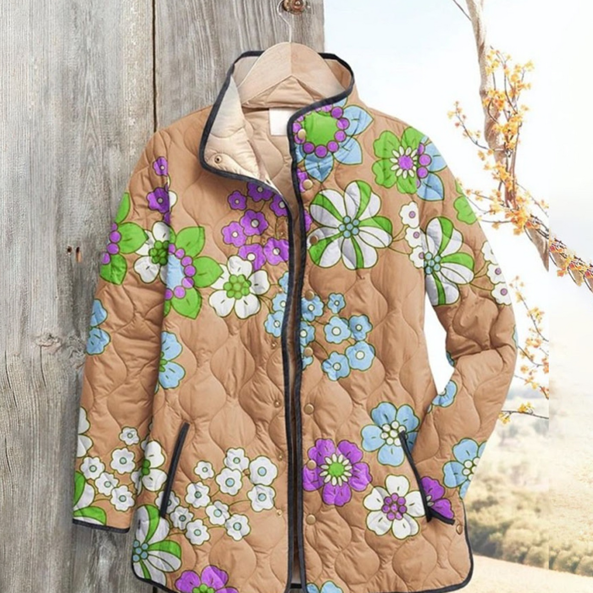 Women Floral Stand Collar Pleated Cotton Sweatshirt