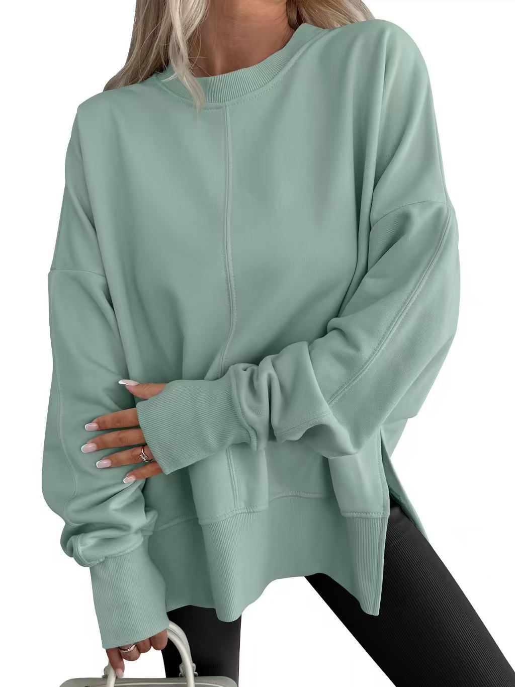 Womens Loose Bat Sleeve Side Slit Round Neck Fleece Lined Sweatshirt
