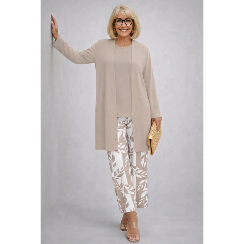 Womens Casual Printed Cardigan Long Sleeve Top and Pants Set