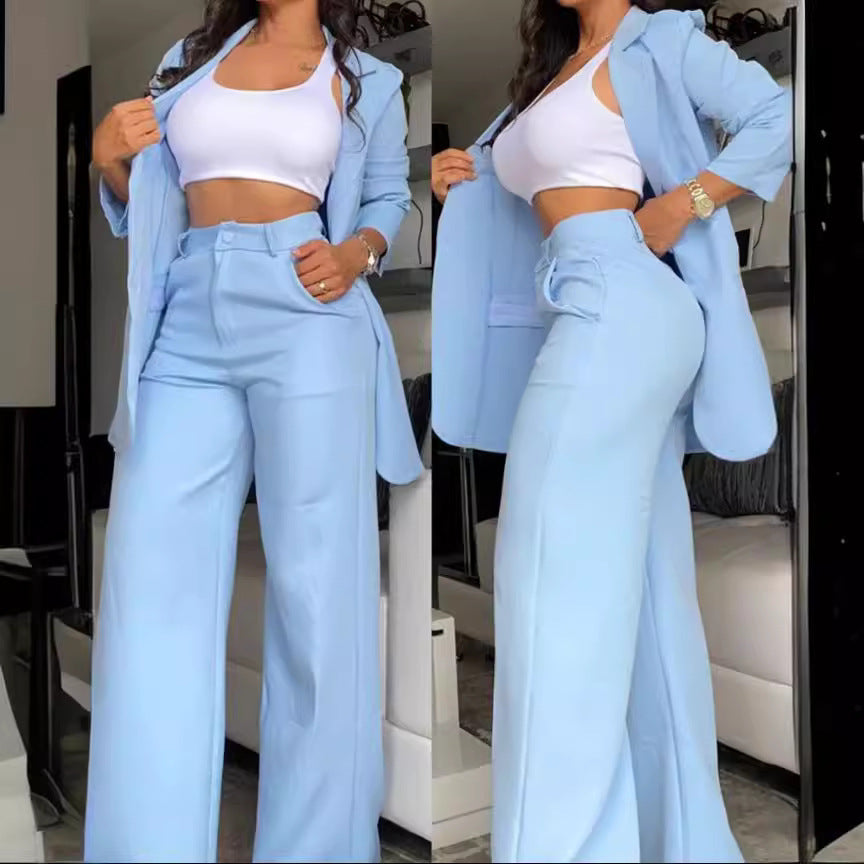 Elegant Solid Color Split Sleeve Lapel Blazer Straight Pants Suit