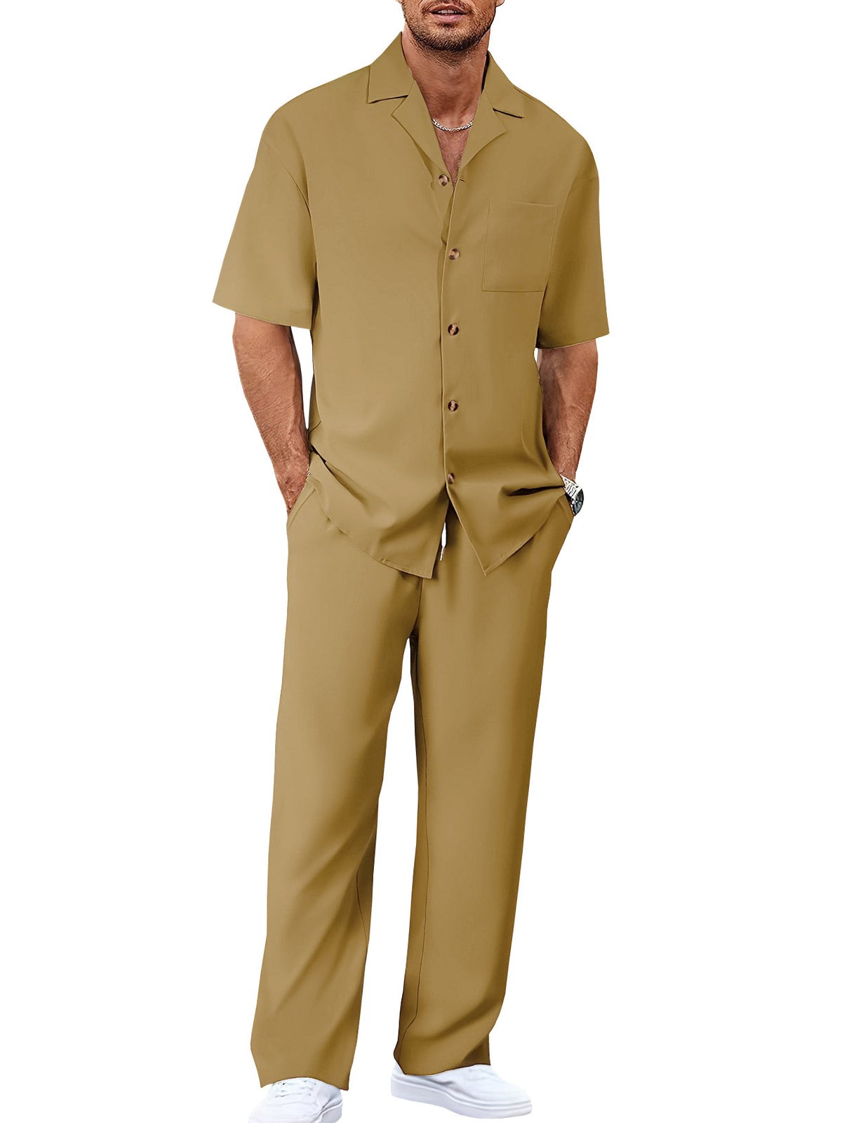Mens Casual Two Piece Suit Loose Fit Short Sleeve Shirt and Trouser Set