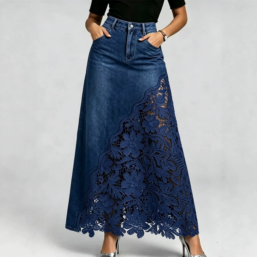 Lace Trim Denim Midi Skirt