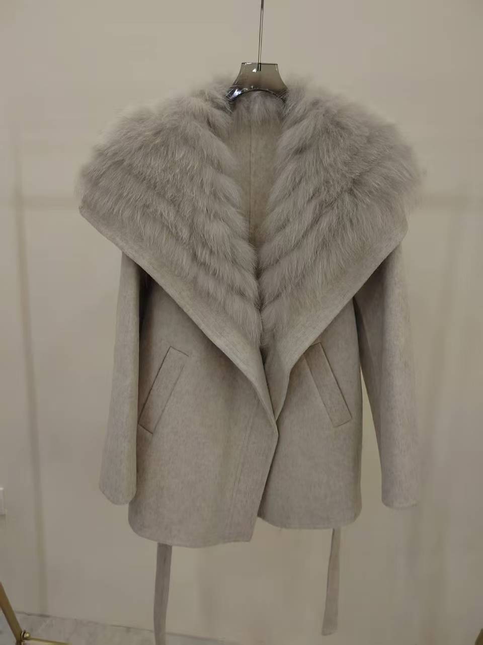Womens Fox Fur Collar Cashmere Belted Coat