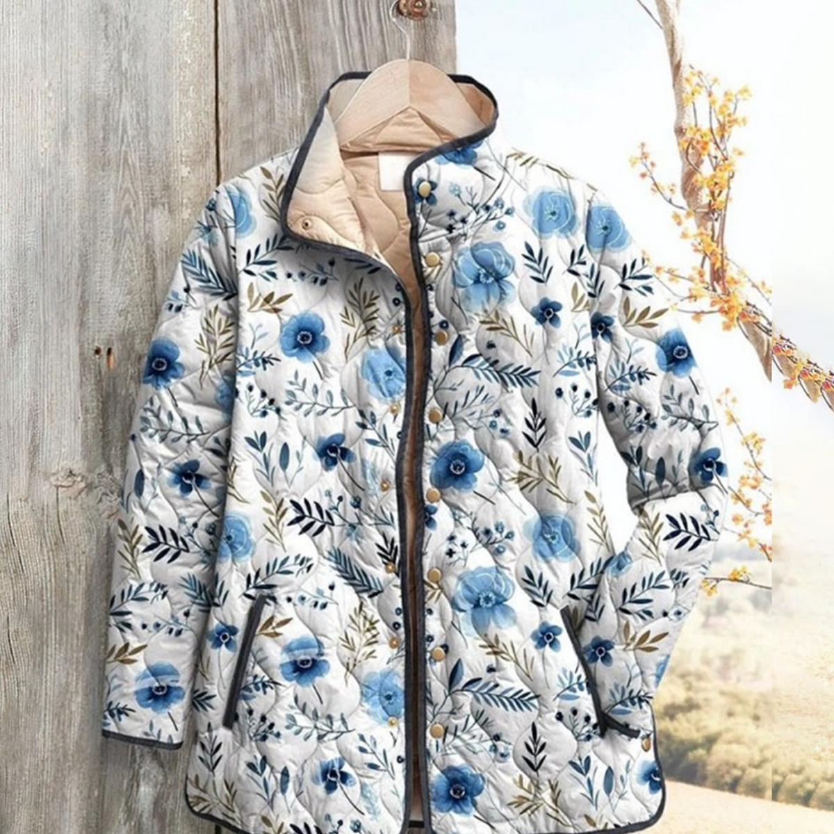 Women Floral Stand Collar Pleated Cotton Sweatshirt