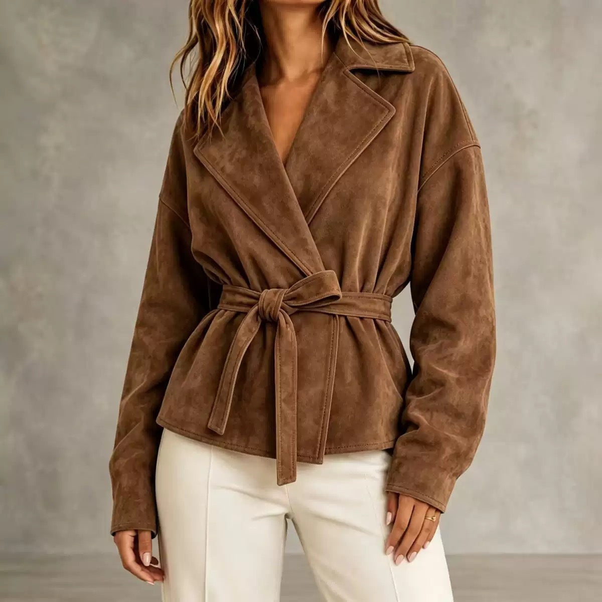 Lapel Suede Lace-Up Short Coat Loose Long Sleeve Jacket