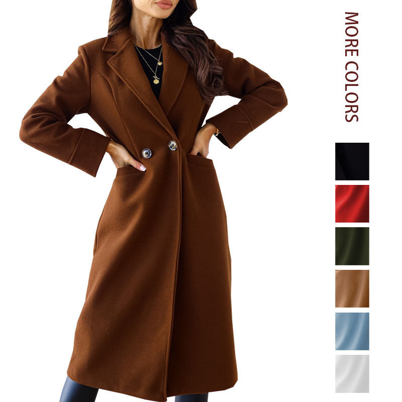 Womens Double Breasted Lapel Woolen Coat Solid Color Long Sleeve