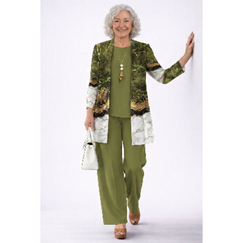 Womens Casual Printed Cardigan Long Sleeve Top and Pants Set