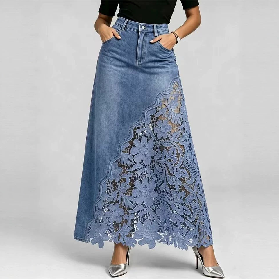 Lace Trim Denim Midi Skirt