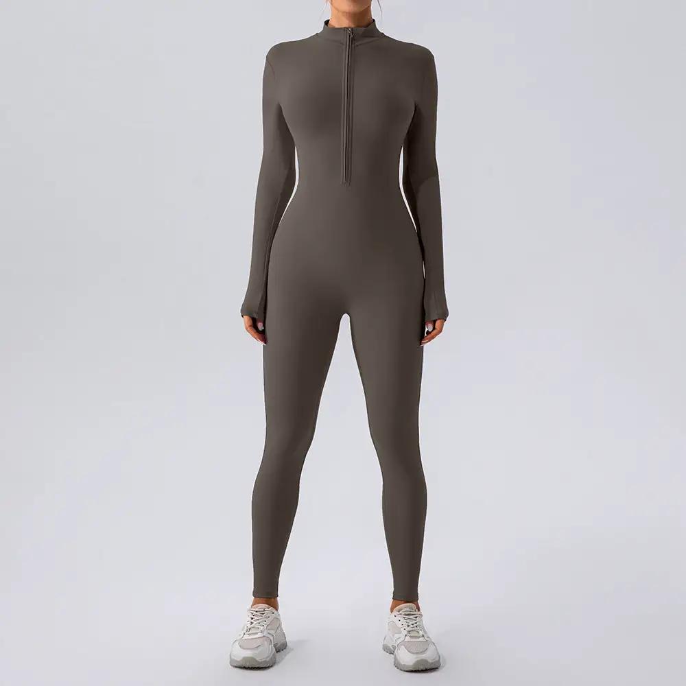 Zipper Nude Feel Long Sleeve Yoga Jumpsuit Women Sports Fitness Training Dance One Piece Bodysuit by Wanita Store