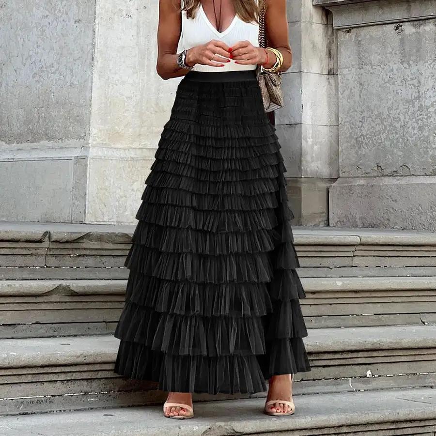 【MOQ-5 packs】 Skirt Women Autumn Elegant Solid Color High Waist Mesh A line Dress Puffy French Dress by Wanita Store