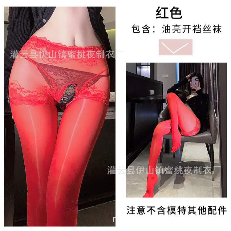Fun Oil Shiny Silk Stockings Sexy Mesh Transparent Horse Oil Jumper Socks High Waist Hip Lifting Open Gear Free Socks for Hair SHOPEZRA L.L.C.