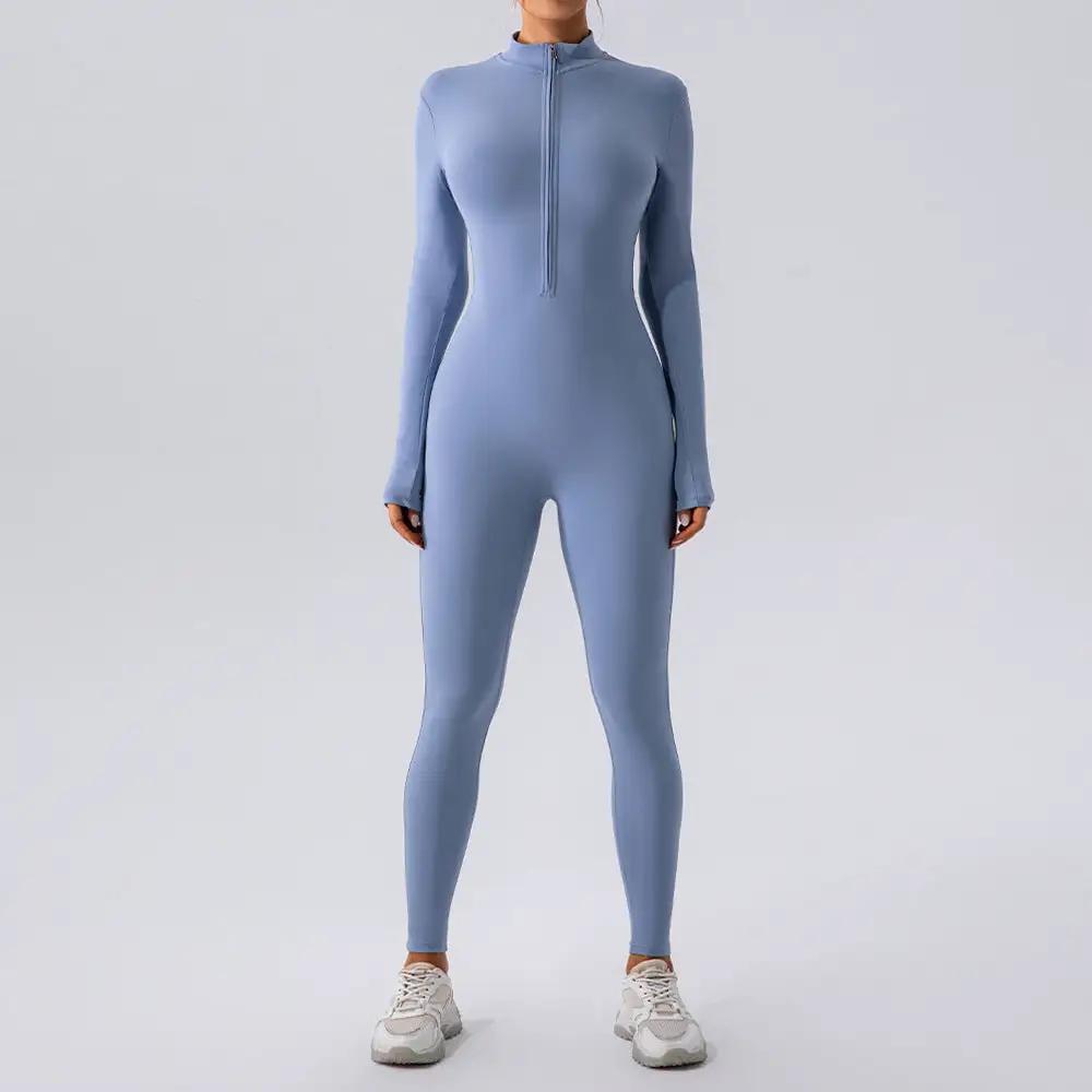 Zipper Nude Feel Long Sleeve Yoga Jumpsuit Women Sports Fitness Training Dance One Piece Bodysuit by Wanita Store