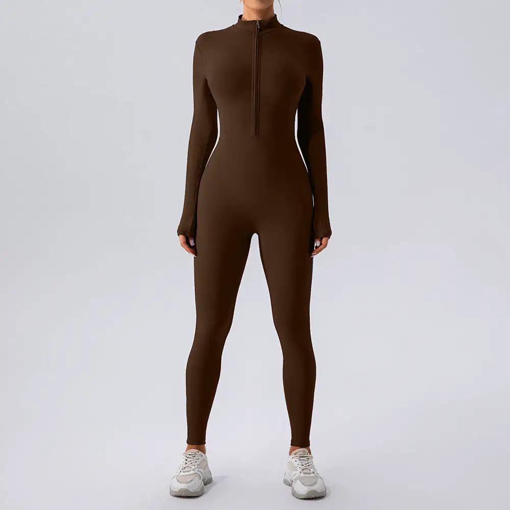 Zipper Nude Feel Long Sleeve Yoga Jumpsuit Women Sports Fitness Training Dance One Piece Bodysuit by Wanita Store