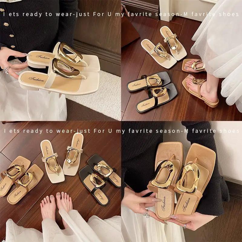 2025 New Style Square-Toe Open-Toe Thong Sandals for Outdoor Wear, Versatile Clip-Toe Casual Flat Sandals with Metal Buckle, Niche Summer Breathable Design by Dropshipman