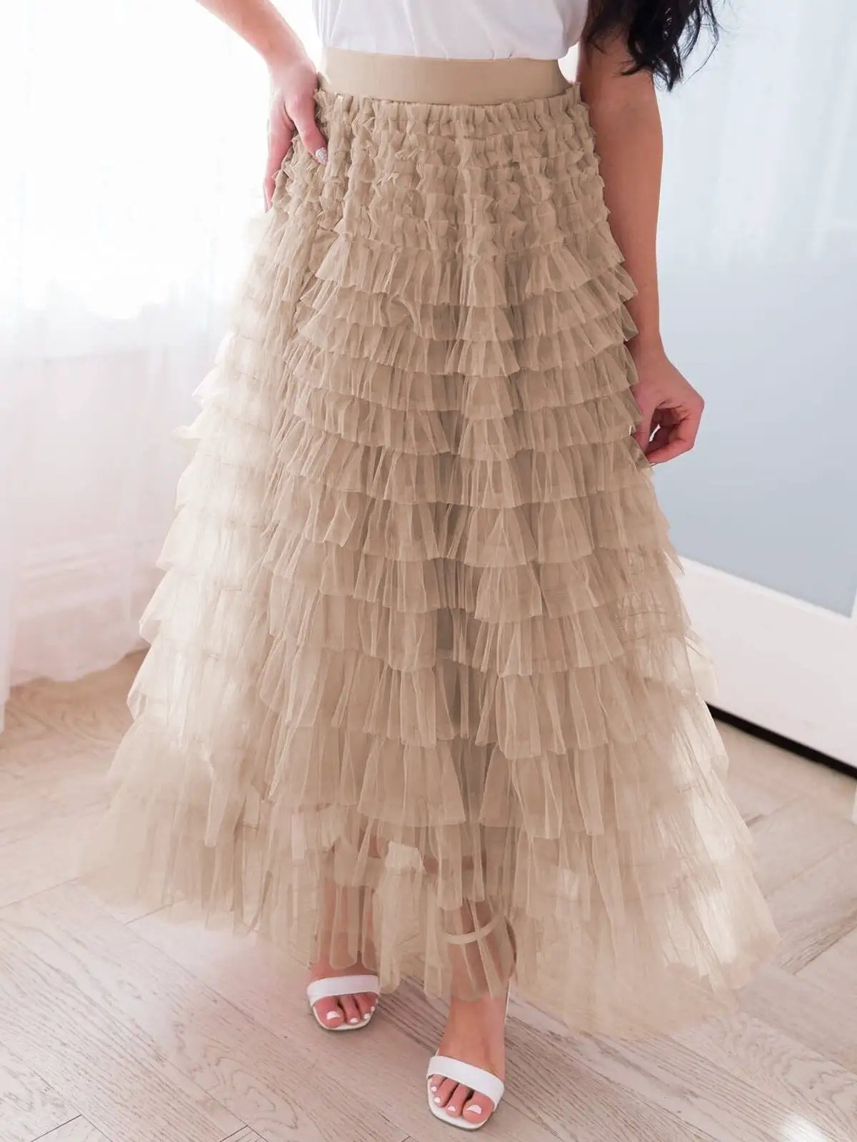 【MOQ-5 packs】 Skirt Women Autumn Elegant Solid Color High Waist Mesh A line Dress Puffy French Dress by Wanita Store