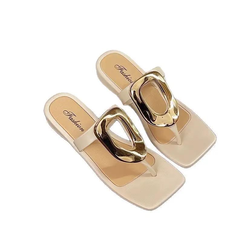2025 New Style Square-Toe Open-Toe Thong Sandals for Outdoor Wear, Versatile Clip-Toe Casual Flat Sandals with Metal Buckle, Niche Summer Breathable Design by Dropshipman