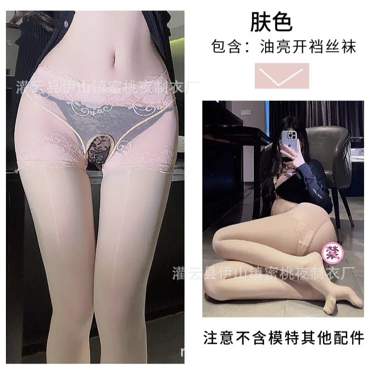 Fun Oil Shiny Silk Stockings Sexy Mesh Transparent Horse Oil Jumper Socks High Waist Hip Lifting Open Gear Free Socks for Hair SHOPEZRA L.L.C.