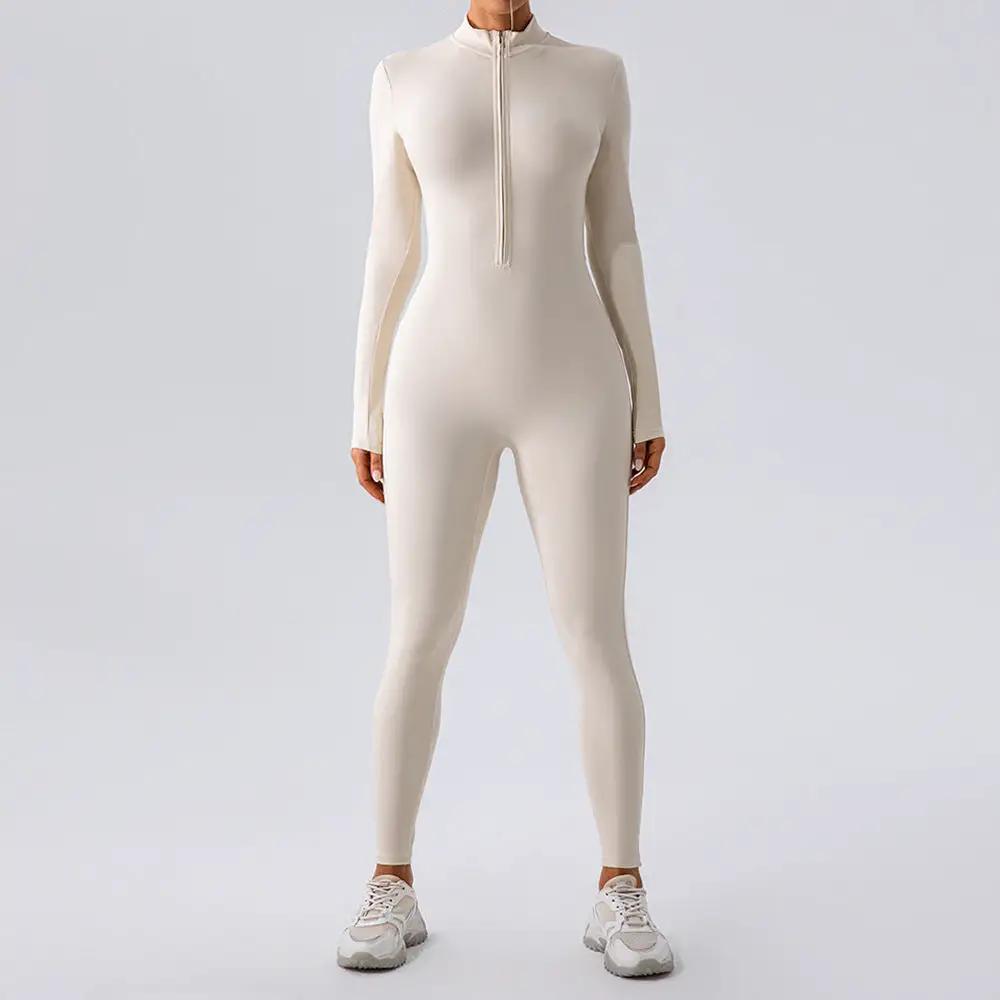 Zipper Nude Feel Long Sleeve Yoga Jumpsuit Women Sports Fitness Training Dance One Piece Bodysuit by Wanita Store