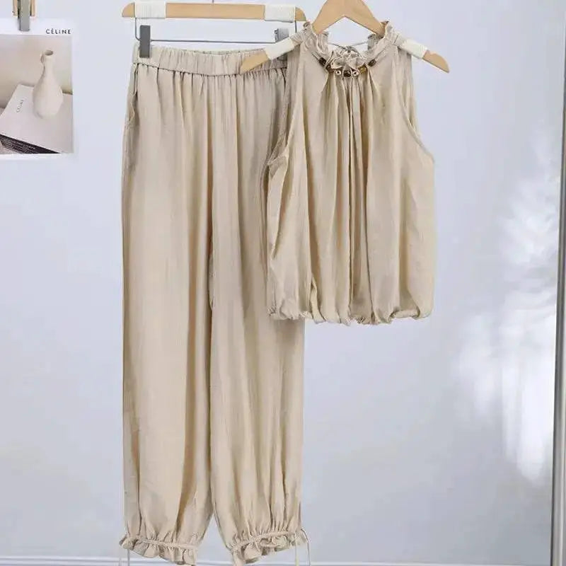 Beaded Halter Neck Bubble Top & High Waist Wide Leg Pants Set 2026 Summer Casual Resort Linen Blend Office Daily Outfit by Dropshipman