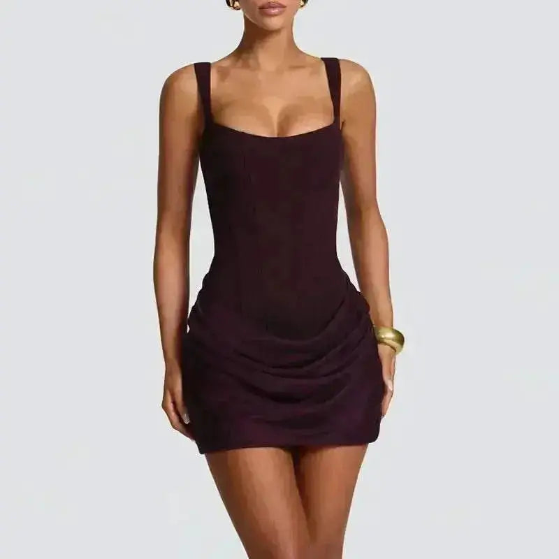 2026 New Sexy Women Square-neck Halter Mini Dress Pleated Sleeveless Backless High Waist Bodycon Dresses Summer Lady Party Robes by Dropshipman