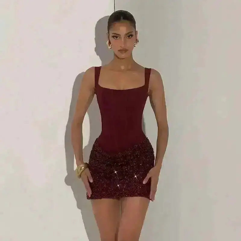 Townlike Pleated Slim Bodycon Dress Women Spaghetti Strap Mini 2026 Summer Dress Sequin Evening Nightclub Sexy Party Dresses by Dropshipman