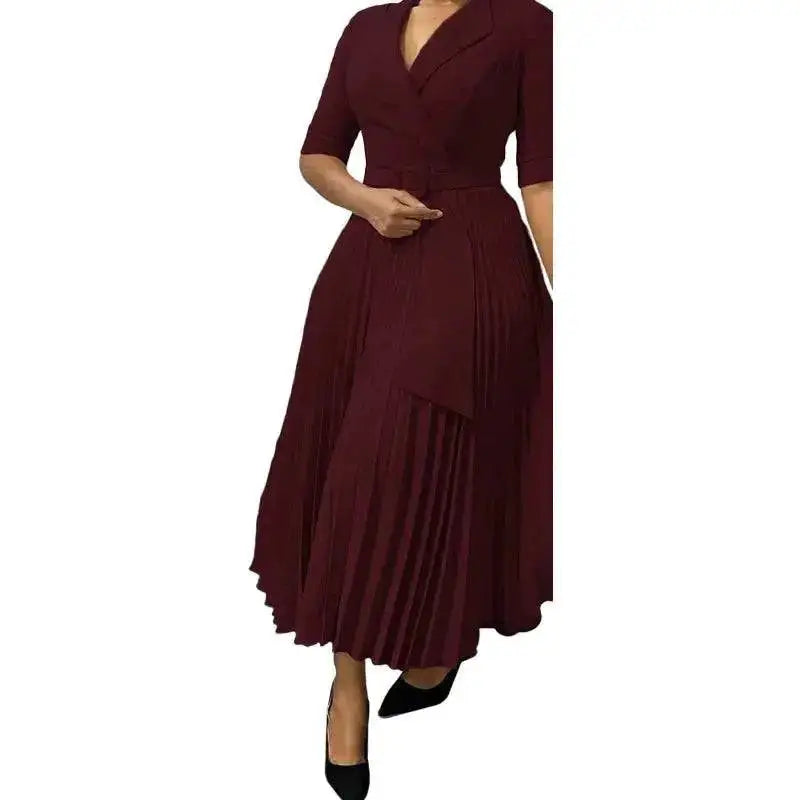 Elegant Office Ladies Dresses 2024 Autumn Fall Notched Collar Half Sleeve Belt Waisted Mid Calf Female Birthday Party Dress Midi by Dropshipman