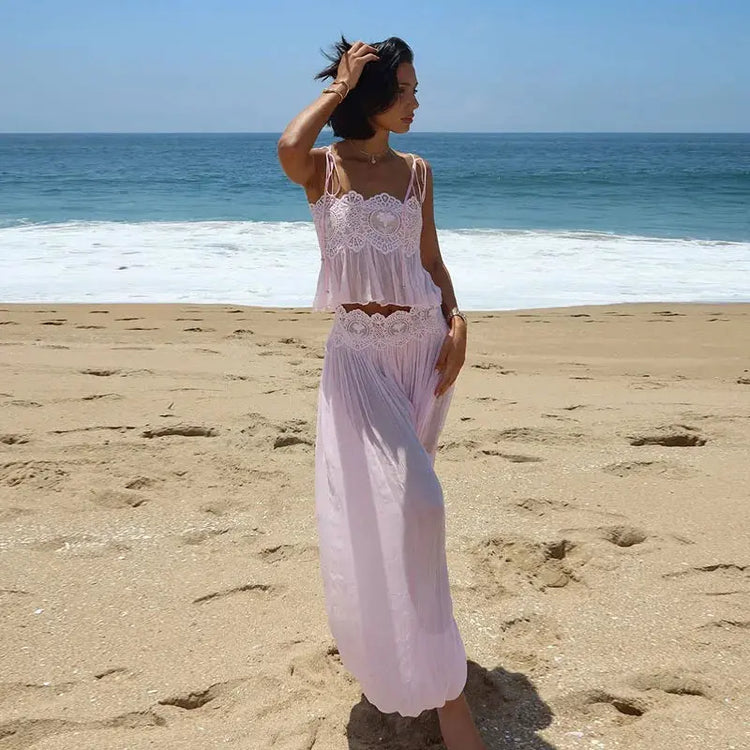 Women Pant Set Sheer Layers Spaghetti Strap Backless Lace Top Straps Solid Loose Straight Elastic Hem Fashion Beach Chic Suits SHOPEZRA L.L.C.