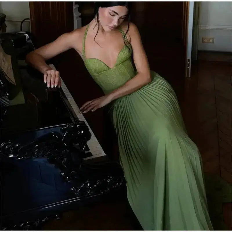Green Fishbone Corset Halter Maxi Dress Women Sleeveless Backless Pleated Patchwork Slim Dresses Lady Solid Party Evening Gown by Dropshipman