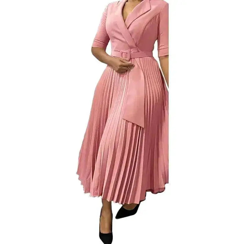 Elegant Office Ladies Dresses 2024 Autumn Fall Notched Collar Half Sleeve Belt Waisted Mid Calf Female Birthday Party Dress Midi by Dropshipman