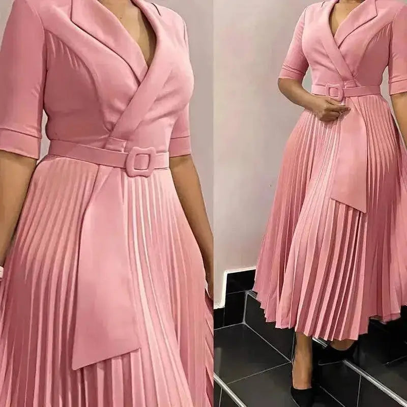 Elegant Office Ladies Dresses 2024 Autumn Fall Notched Collar Half Sleeve Belt Waisted Mid Calf Female Birthday Party Dress Midi by Dropshipman