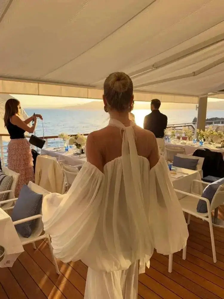 Trendy White Chiffon Off-shoulder Halter Maxi Dress Suit Chic Sheer Mesh Long Sleeve Flowy Vestidos 2026 New Formal Evening Gown by Dropshipman