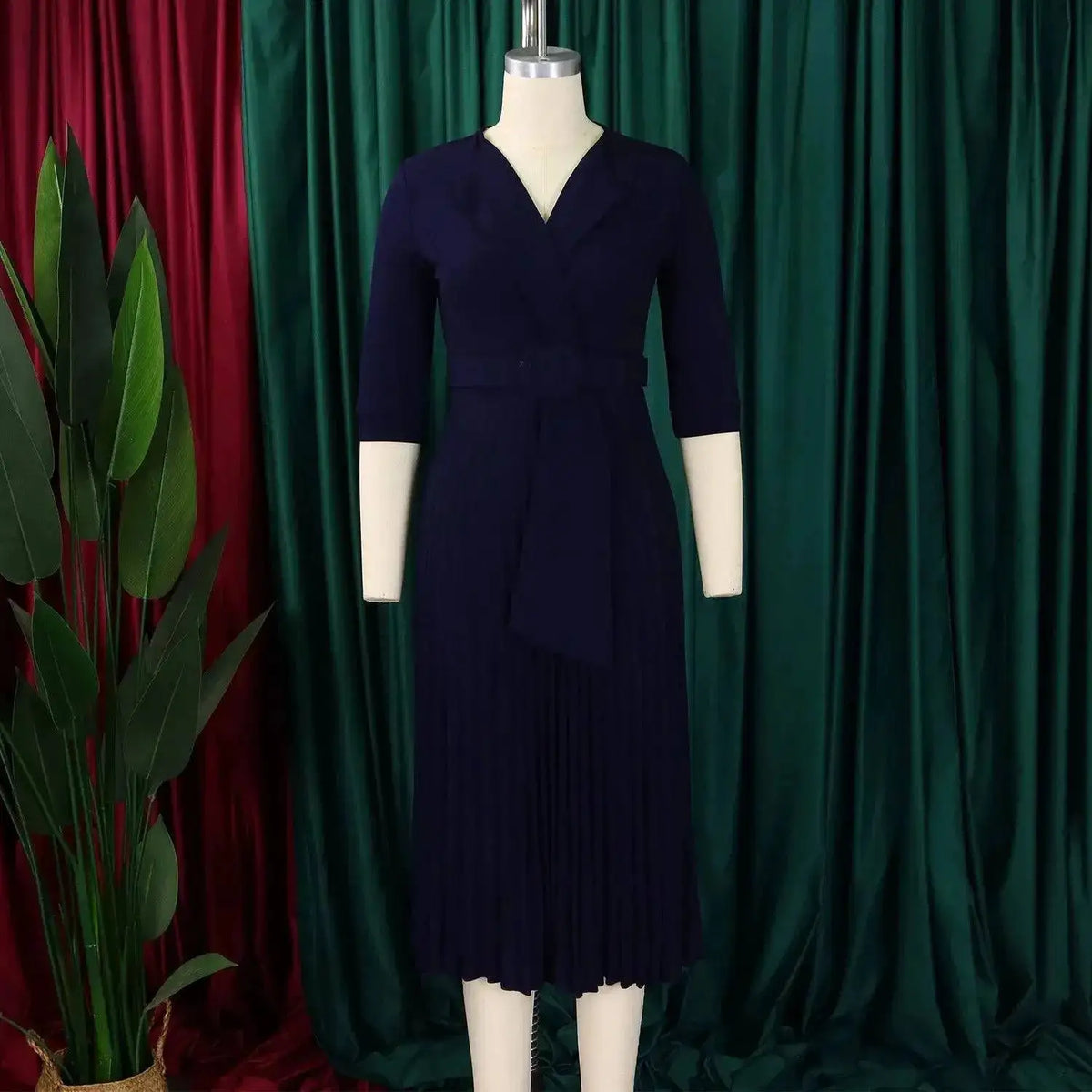 Elegant Office Ladies Dresses 2024 Autumn Fall Notched Collar Half Sleeve Belt Waisted Mid Calf Female Birthday Party Dress Midi by Dropshipman