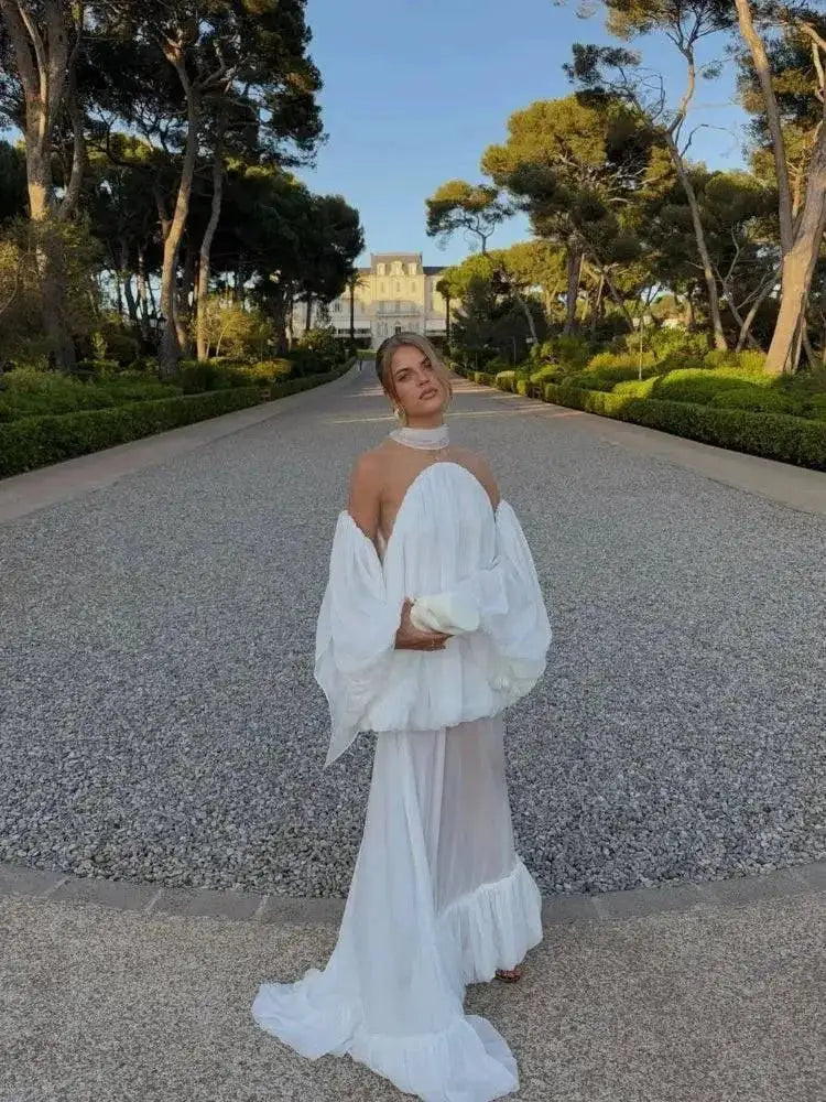 Trendy White Chiffon Off-shoulder Halter Maxi Dress Suit Chic Sheer Mesh Long Sleeve Flowy Vestidos 2026 New Formal Evening Gown by Dropshipman