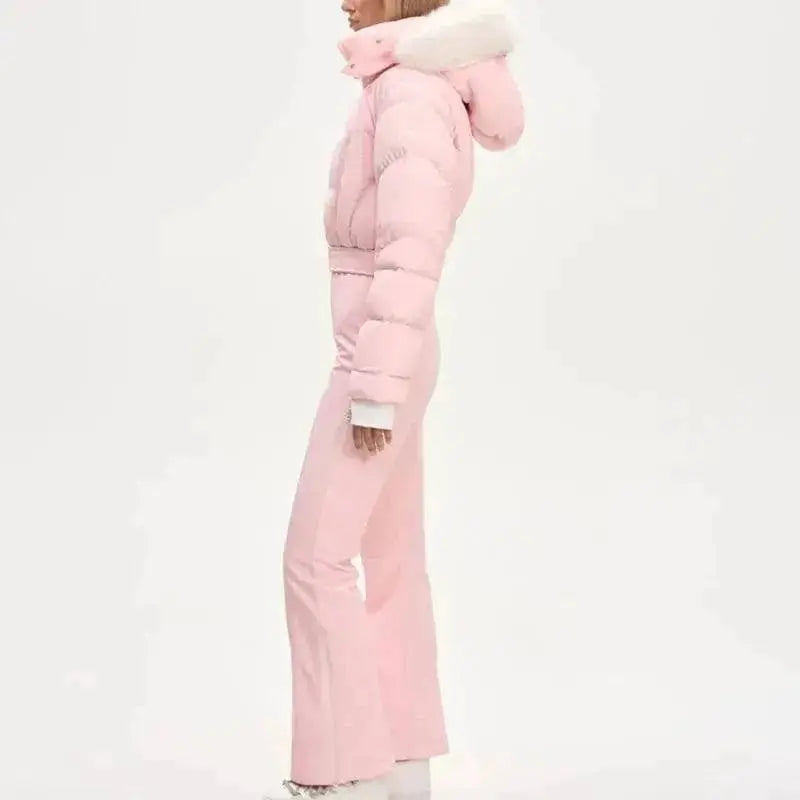 Women Fur Collar Hooded Skiwear Fashion Solid Thicken Zipper High Waist Slim Outdoor Overalls Jumpsuit Lady Winter Outwear by Dropshipman