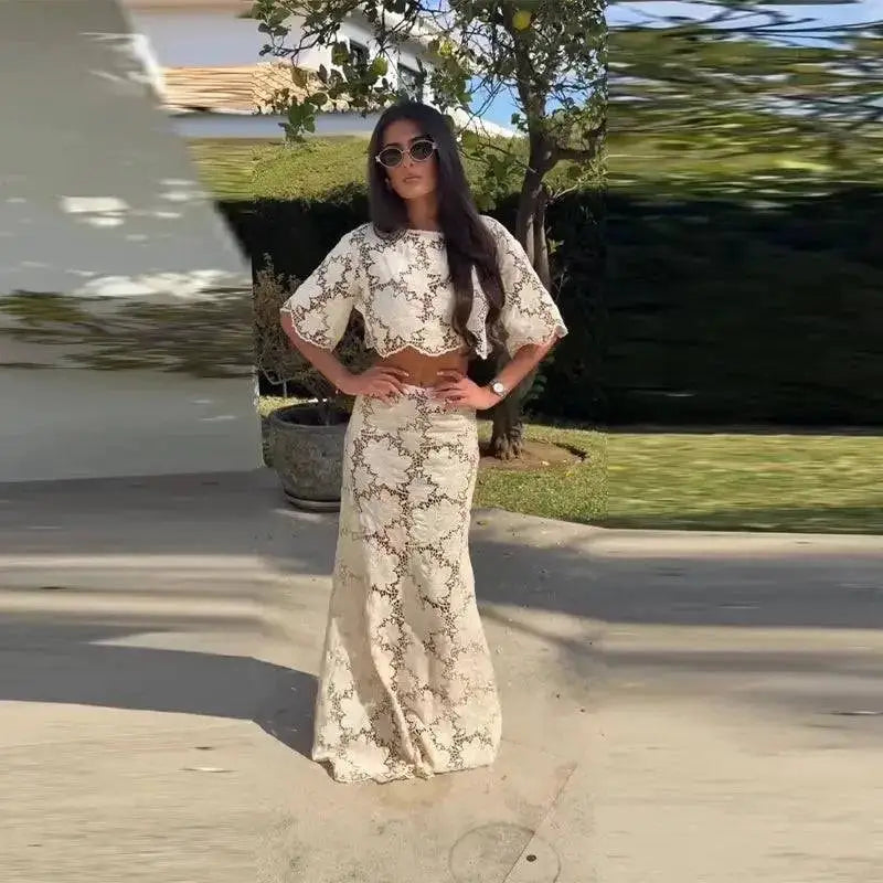 Flower Short Top Long Half Skirt Lady Set Round Neck Short Sleeve Tops High Waist Slim Maxi Skirts Sexy Fashion Women&