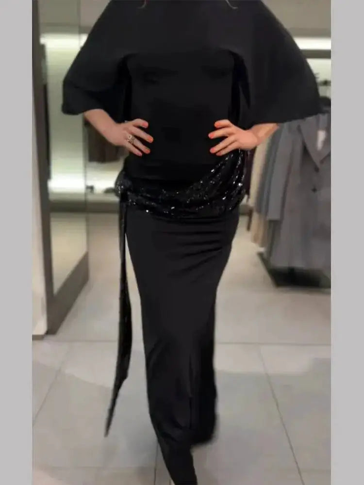 Sequin Patchwork Backless Dress Women Elegant Solid Middle Sleeve Cinched-waist Slim Long Dresses Fashion Evening Party Vestidos by Dropshipman