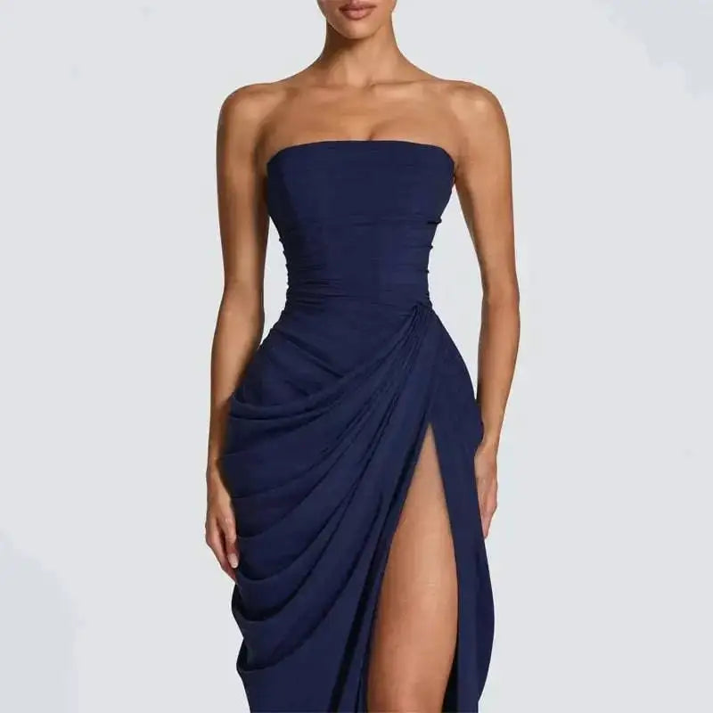 Elegant Solid Strapless Pleated Dress Women Chic Sleeveless Waist Cinching Split Maxi Vestidos 2026 Lady Evening Party Dresses by Dropshipman
