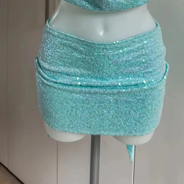 2 Piece Skirt Set Sequin Trim Halter Crop Top Maxi Skirt 2026 Spring Summer Y2K Night Out Clubwear Party Bodycon Co-ord Outfit SHOPEZRA L.L.C.