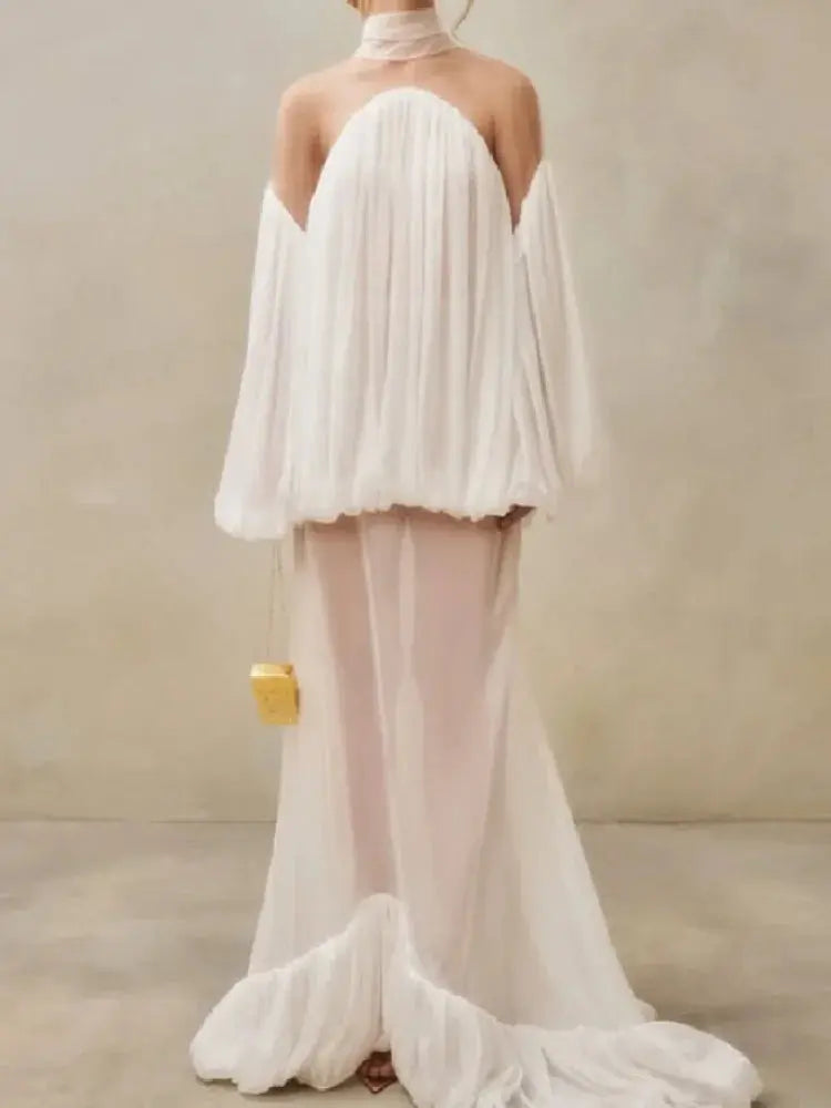 Trendy White Chiffon Off-shoulder Halter Maxi Dress Suit Chic Sheer Mesh Long Sleeve Flowy Vestidos 2026 New Formal Evening Gown SHOPEZRA L.L.C.