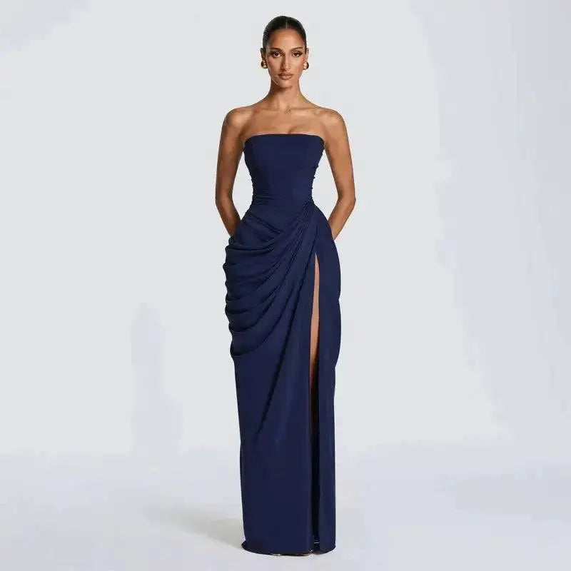 Elegant Solid Strapless Pleated Dress Women Chic Sleeveless Waist Cinching Split Maxi Vestidos 2026 Lady Evening Party Dresses by Dropshipman