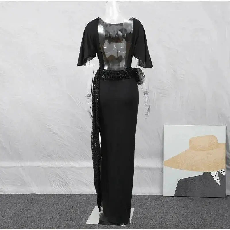Sequin Patchwork Backless Dress Women Elegant Solid Middle Sleeve Cinched-waist Slim Long Dresses Fashion Evening Party Vestidos by Dropshipman