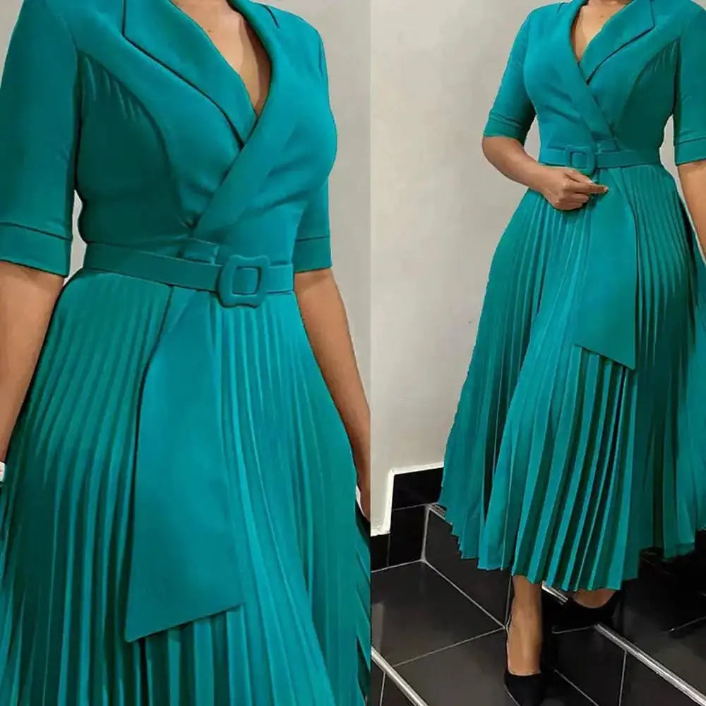 Elegant Office Ladies Dresses 2024 Autumn Fall Notched Collar Half Sleeve Belt Waisted Mid Calf Female Birthday Party Dress Midi by Dropshipman