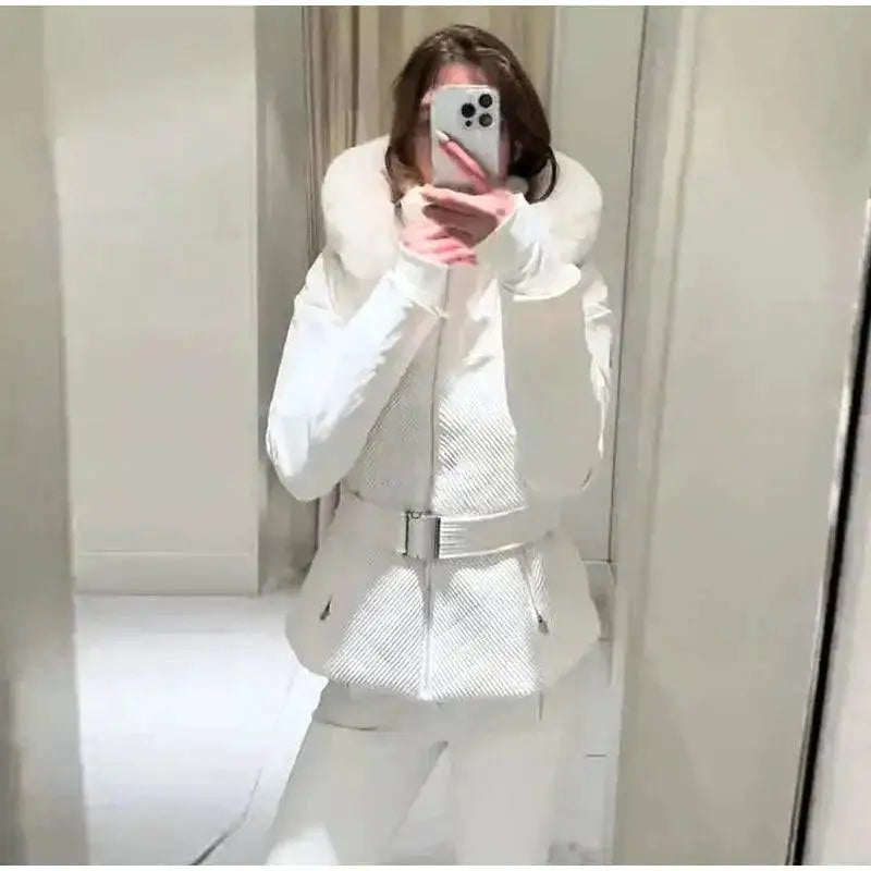 Women Fur Collar Hooded Skiwear Fashion Solid Thicken Zipper High Waist Slim Outdoor Overalls Jumpsuit Lady Winter Outwear by Dropshipman