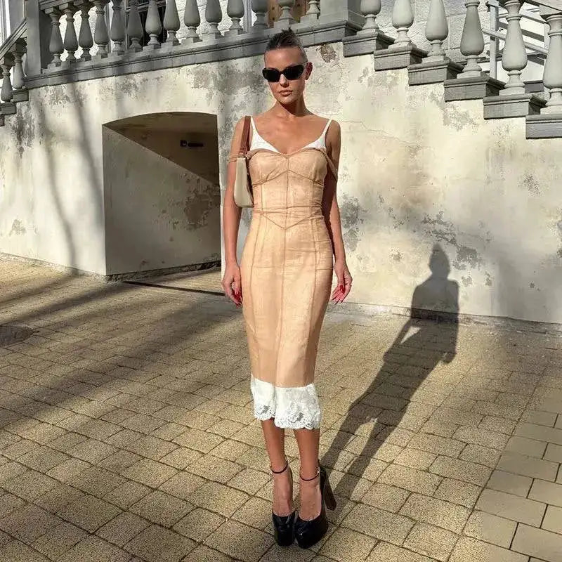 Mesh Overlay Lace Hem Slip Midi Dress Slim Spaghetti Strap Sheer 2026 Summer Elegant Women Bodycon Dress Retro Date Lady Gown by Dropshipman