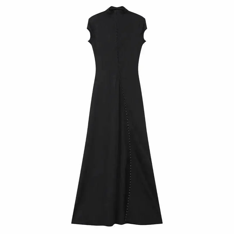 Y2k Black Hollow Out Slit Dress Women Solid Short Sleeve High Neck Slim Fit Maxi Dresses Lady Fashion Evening Party Club Robe by Dropshipman