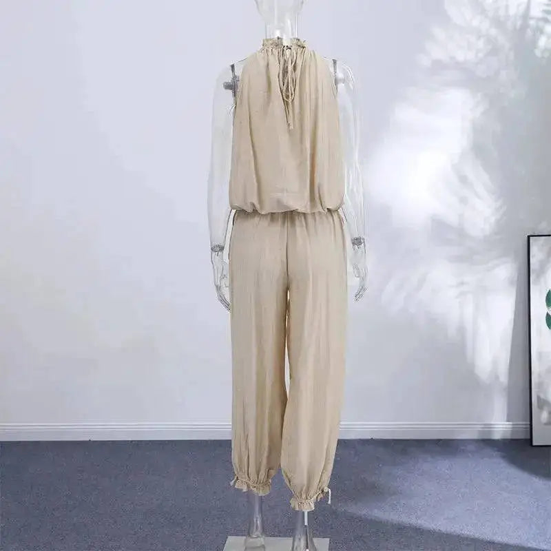 Beaded Halter Neck Bubble Top & High Waist Wide Leg Pants Set 2026 Summer Casual Resort Linen Blend Office Daily Outfit by Dropshipman