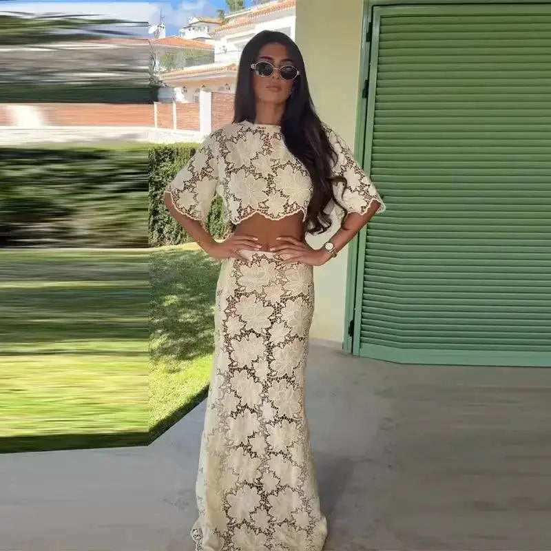 Flower Short Top Long Half Skirt Lady Set Round Neck Short Sleeve Tops High Waist Slim Maxi Skirts Sexy Fashion Women&