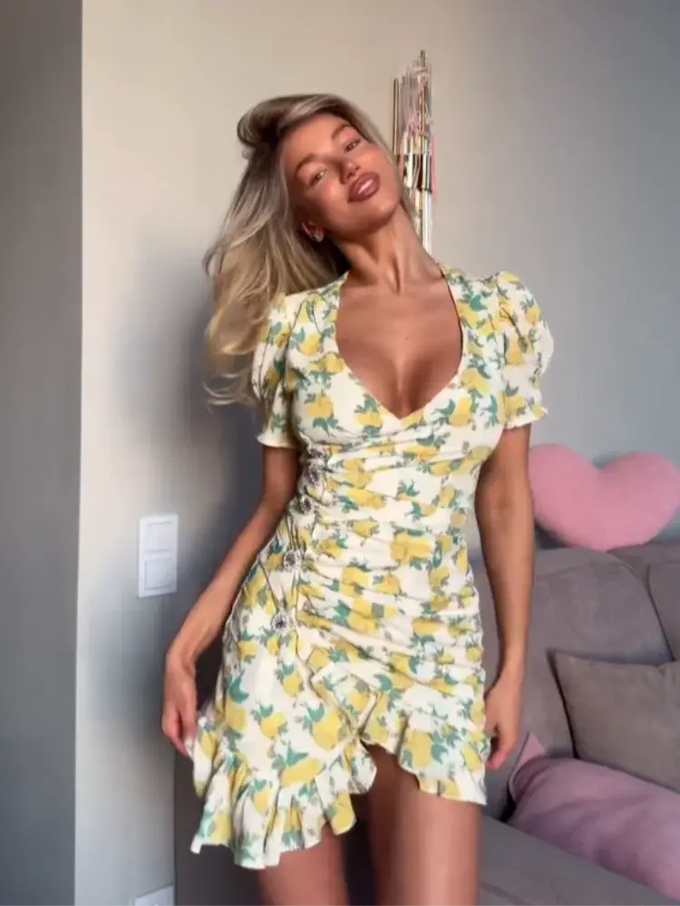 Lady Flare Puff Sleeve V Neck Mini Dress Women Floral Print Sexy Ruched Hem Bodycon Chic Dresses 2026 Party Summer Gowns Petite SHOPEZRA L.L.C.