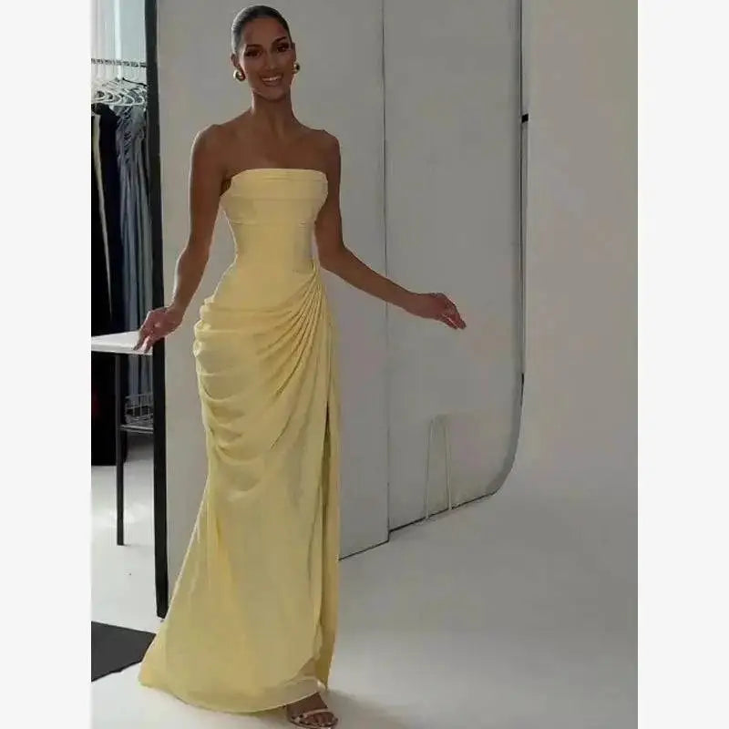 Elegant Solid Strapless Pleated Dress Women Chic Sleeveless Waist Cinching Split Maxi Vestidos 2026 Lady Evening Party Dresses by Dropshipman